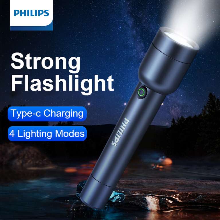 Philips-linterna LED SFL1236 con carga USB, batería 18650, 4 modos de iluminación, potente, Camping