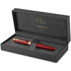 Parker Sonnet - Pluma estilográfica (lacada en rojo, con adorno dorado y plumín mediano, en estuche)