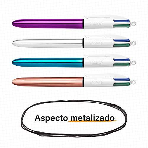 BIC 4 Colores Bolígrafos Retráctiles, Shine, Colores Metálicos, Punta Media (1,0mm), Blíster de 3 Bolis, Multicolor