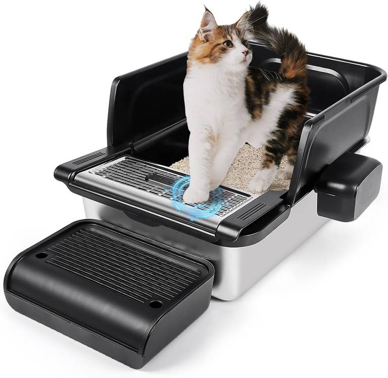 Arenero para gatos adultos, de acero inoxidable, y con complementos.