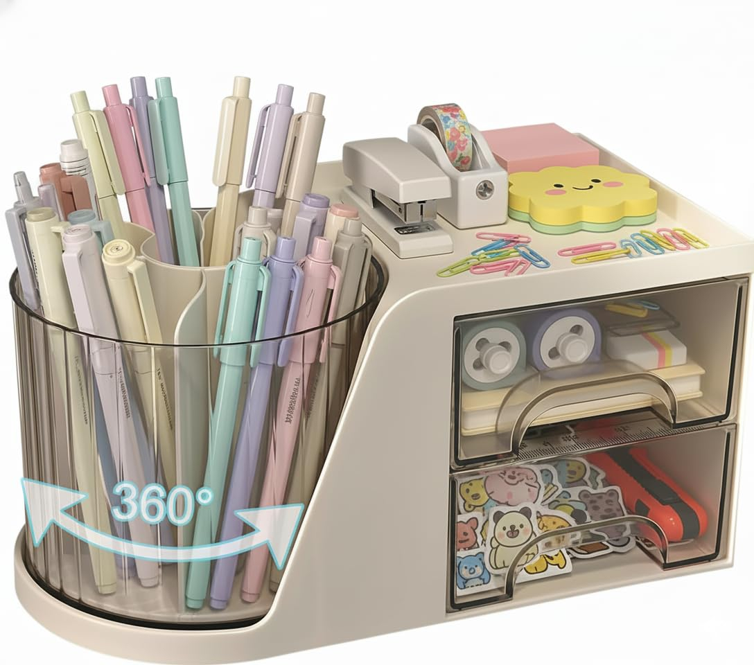 Organizador de Escritorio con Compartimentos y 2 Cajones, Portalápices Giratorio 360°
