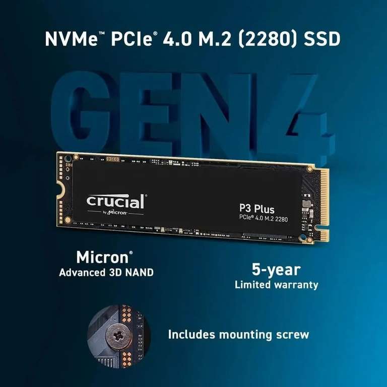 Crucial P3 Plus 2TB PCIe Gen4 3D NAND NVMe M.2 SSD, hasta 5000 MB/s