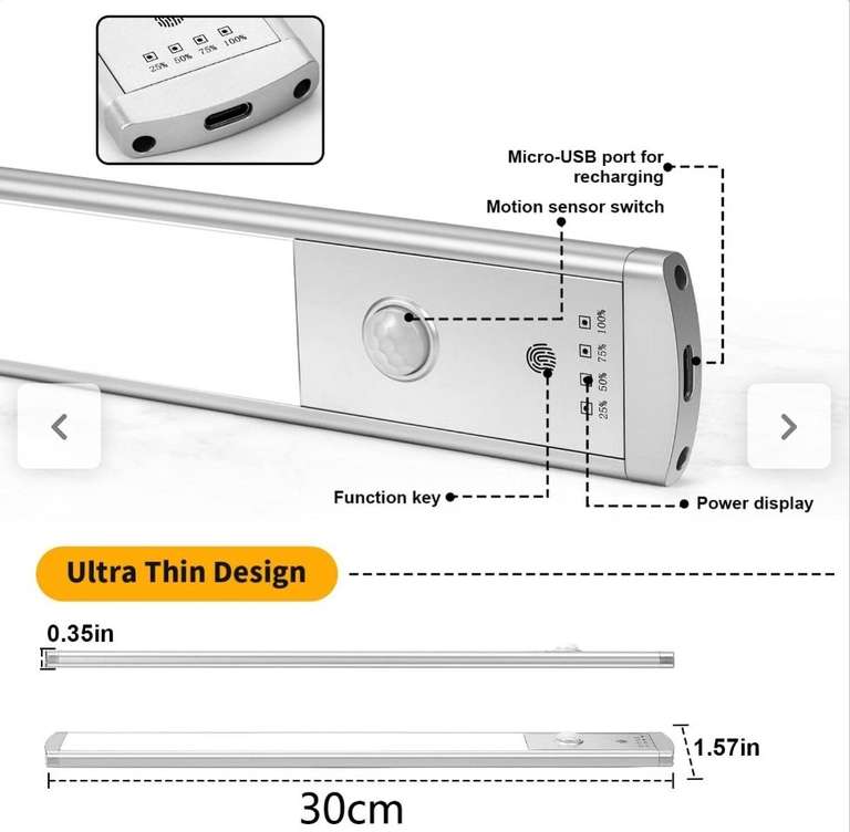 Luz de gabinete con Sensor de movimiento de 2 piezas, iluminación de armario recargable por USB