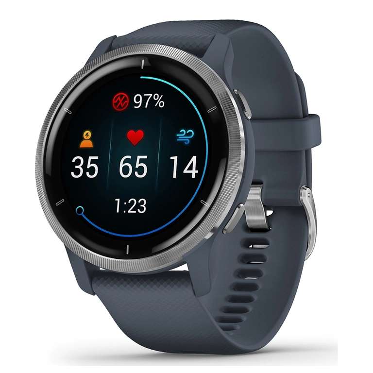 Reloj GPS Garmin Venu 2 con caja color plata y correa de silicona azul granito Smartwatch