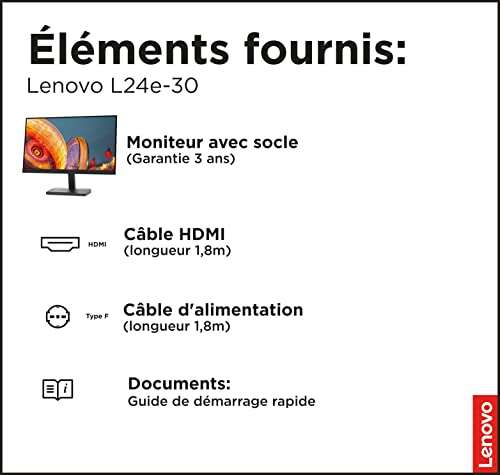 Lenovo L24e-30 - Monitor Gaming 23.8" FullHD (VA, 75Hz, 4ms, HDMI, VGA, FreeSync, Soporte para teléfono) Ajuste de inclinación - Negro