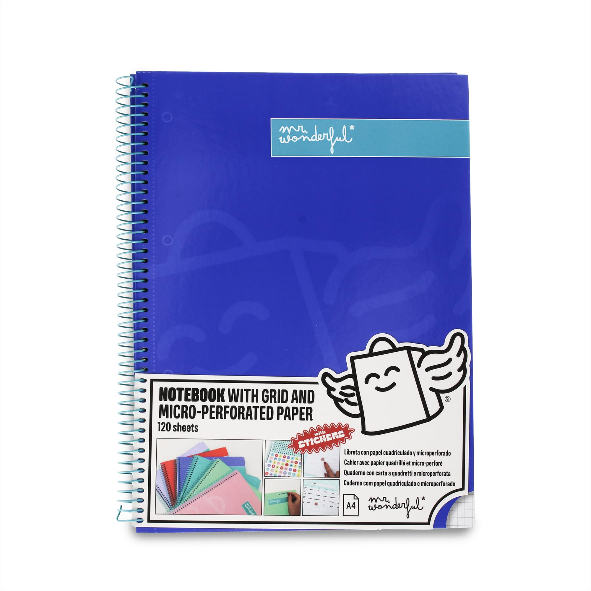Mr. Wonderful - Libreta A4 Azul - 240 páginas cuadriculadas Microperforadas - Tapa Extradura - Encuadrenación en Espiral- Incluye pegatinas