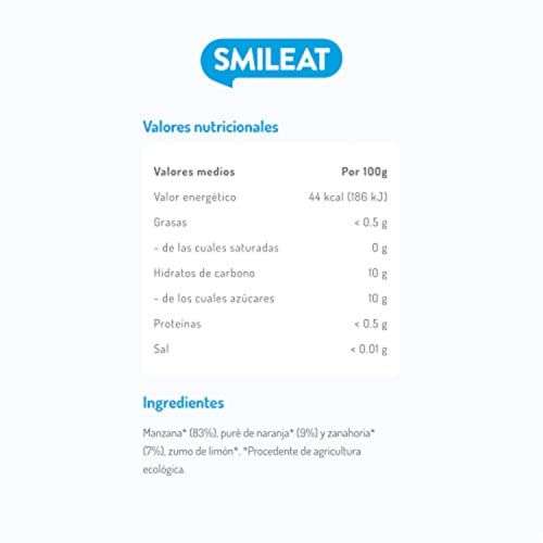 Smileat - Tarrito Ecológico de Frutas y Verduras, desde 4 Meses, sin Gluten, Sabor Manzana, Naranja y Zanahoria - 130 g