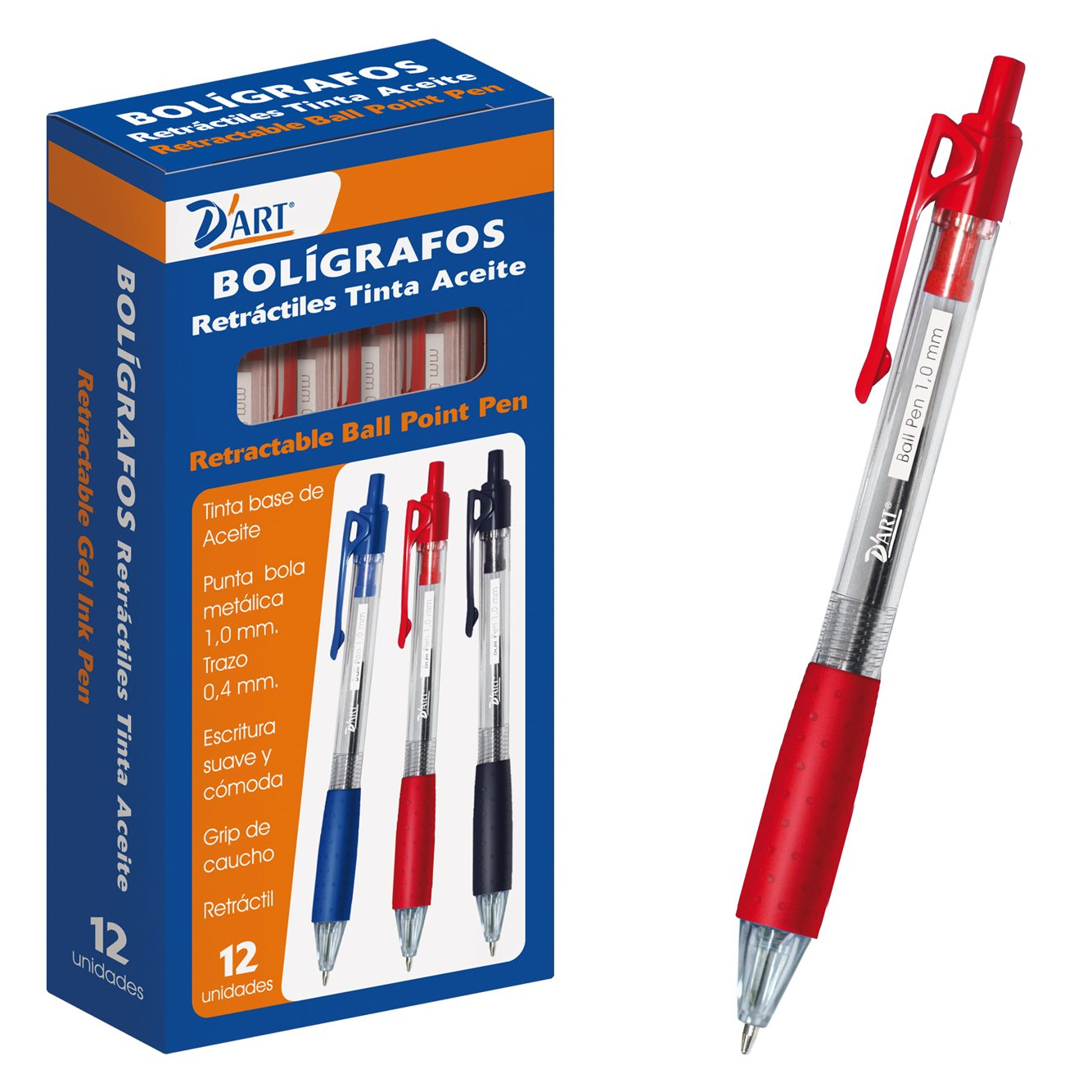 Caja de 12 bolígrafos retractiles, 1 mm, color rojo