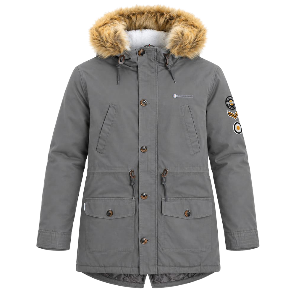 Parka de Abrigo Hombre Lambretta Sherpa Lined SS6252 (Forro Borreguito, Capucha Pelo, Color Hierro) Desde XS hasta 4XL