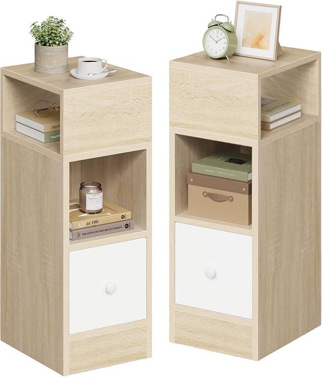 EUGAD Mesitas de Noche Pack 2 Estrechas Roble Claro con 2 Compartimentos y 1 Cajón, 25x30x66 cm,
