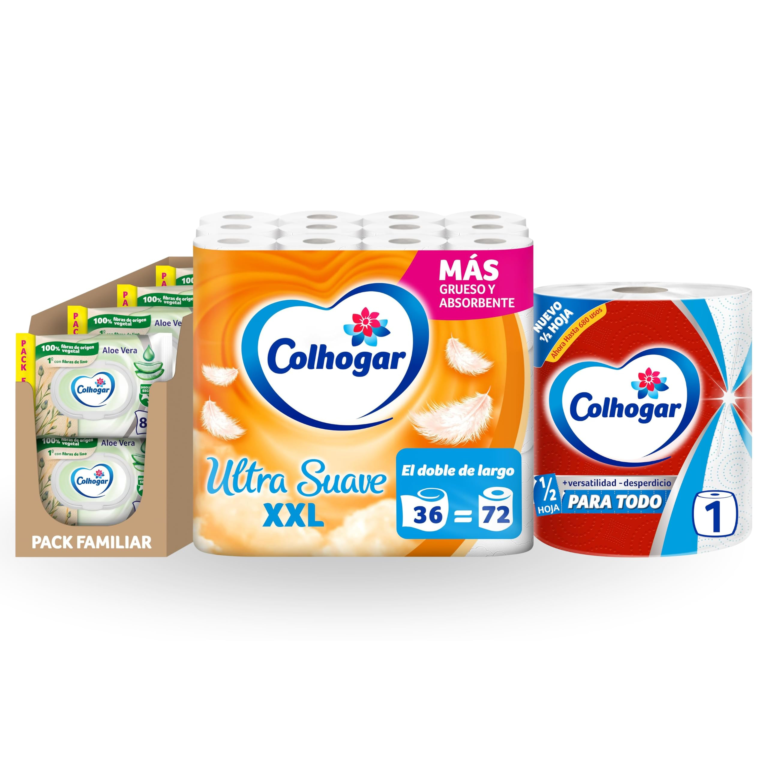 Lote Colhogar Hogar Completo: Papel Cocina Jumbo+ Papel Higiénico Ultra Suave XXL 36 rollos + Toallitas