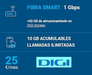 Fibra Smart 1GB + móvil 10GB acumulables + 50GB de almacenamiento gratis x 25€ en DIGI