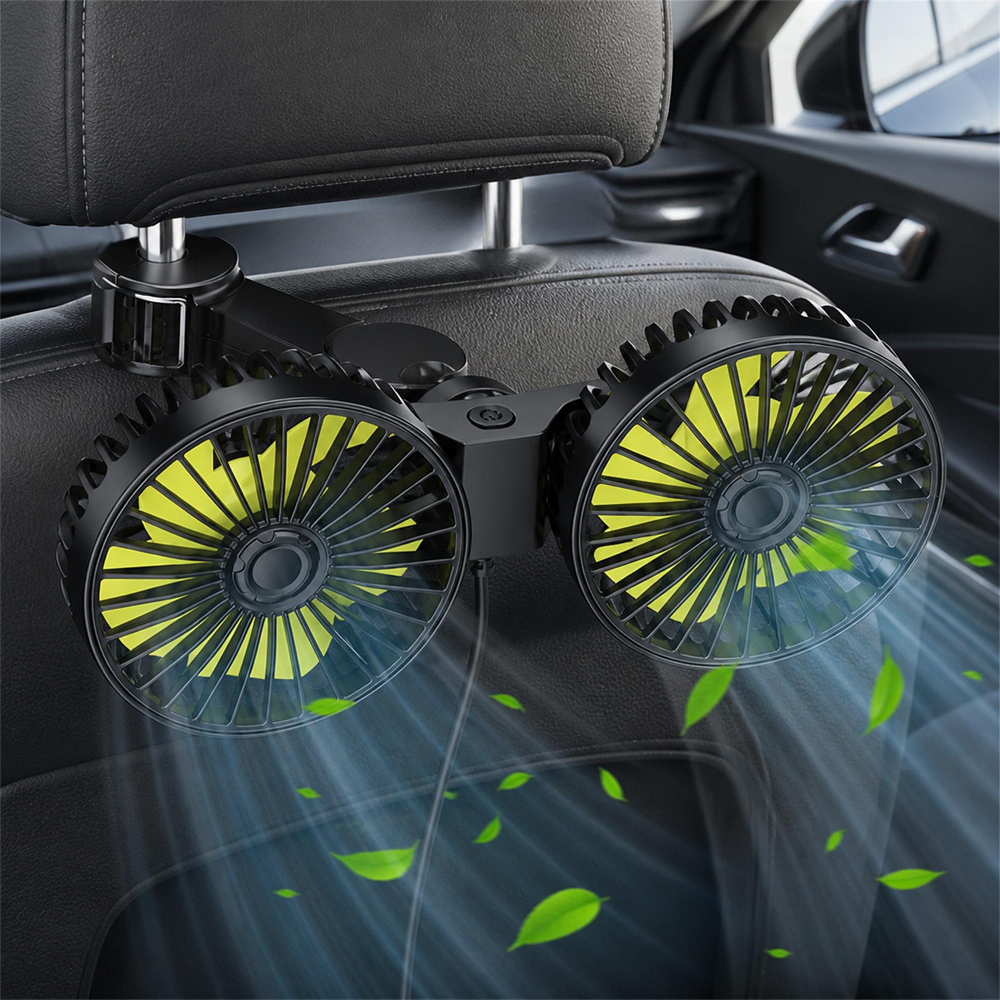 Ventilador de coche para asiento trasero de 12 V, doble cabeza