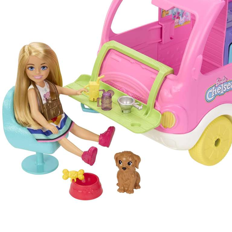 Barbie Chelsea con furgoneta camper Muñeca con coche de juguete autocaravana y accesorios