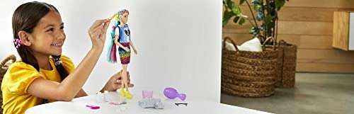 Muñeca Barbie Leopard Rainbow Hair, con cabello que cambia de color, incluye 16 accesorios de cabello y moda, cepillo y blusas de moda.