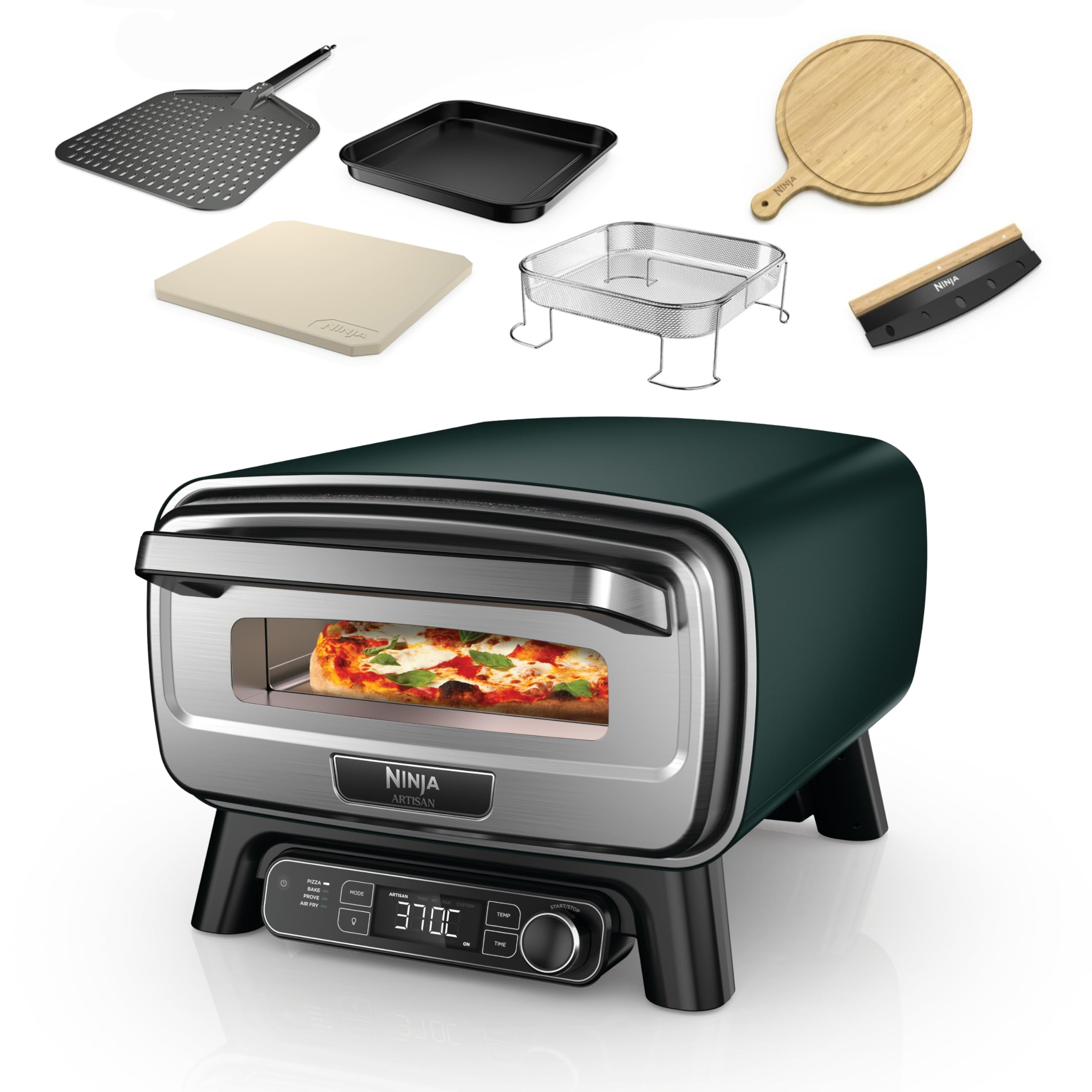 Horno Pizza y Freidora Ninja Artisan MO201AMZEU Verde (exterior, 4 en 1, piedra 30cm, pala, cesta airfryer, tabla y cuchillo mecedora)