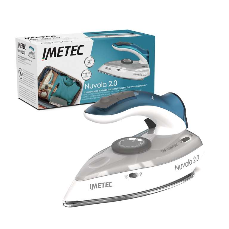 Imetec Nuvola 2.0 - Plancha de vapor de viaje - Suela de acero inoxidable - 1000 vatios - Compacta y ligera - Mango plegable