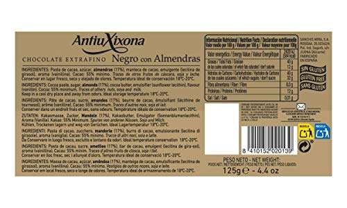 Antiu Xixona Premium - Chocolate Negro con Almendras - Gran Aroma y Sabor Equilibrado - Receta Original. Tableta de 125g