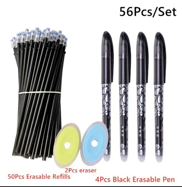 4 bolígrafos de gel, con 50 recambios, de 0,5mm y con 2 gomas de borrar. Azul o negro