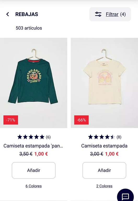 Filtrado Ropa niñ@ desde 1€ a 5€ , hay muchas camisetas a ese precio y todavía muchas tallas.