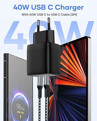 40W 2-Puertos Cargador Tipo C con Cable USB C Carga Rápida[2M], [20W+20W] Enchufe USB C. IPhone. Samsung. Pixel.