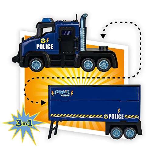 Pinypon Action - Super Camión de Policia, con luces 3 en 1, 1 moto, 1 mini helicóptero, 2 figuras, policía y preso y accesorios, Famosa