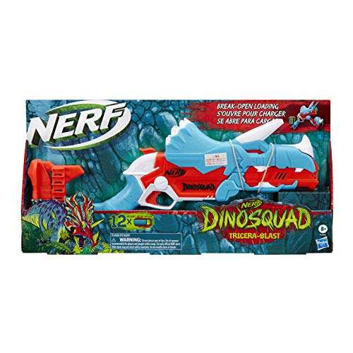 Nerf Lanzador DinoSquad Tricera-Blast, Carga de 3 Dardos con Apertura, 12 Dardos, Porta-Dardos, diseño de Dinosaurio Triceratops