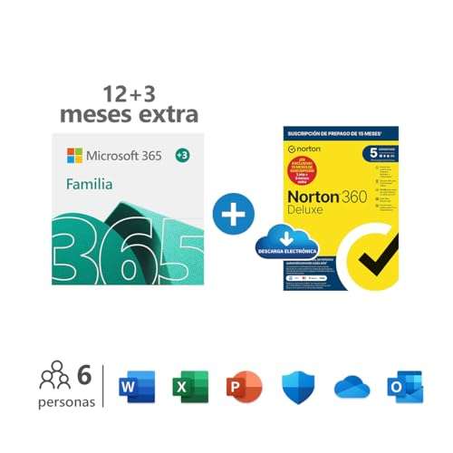 Microsoft 365 Familia |6 cuentas 5 dispositivos |12+3 Meses + NORTON 360 Deluxe o MCAFEE | 15 Meses