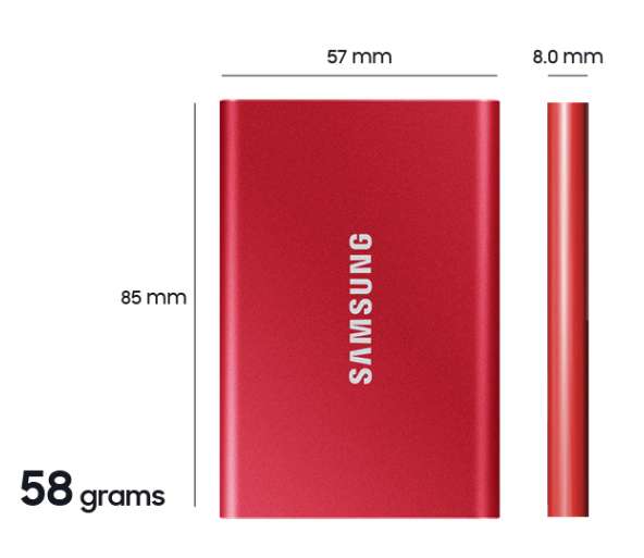 Disco duro SSD externo 1 TB - Samsung T7, Externo, USB Tipo C, SSD, Rojo