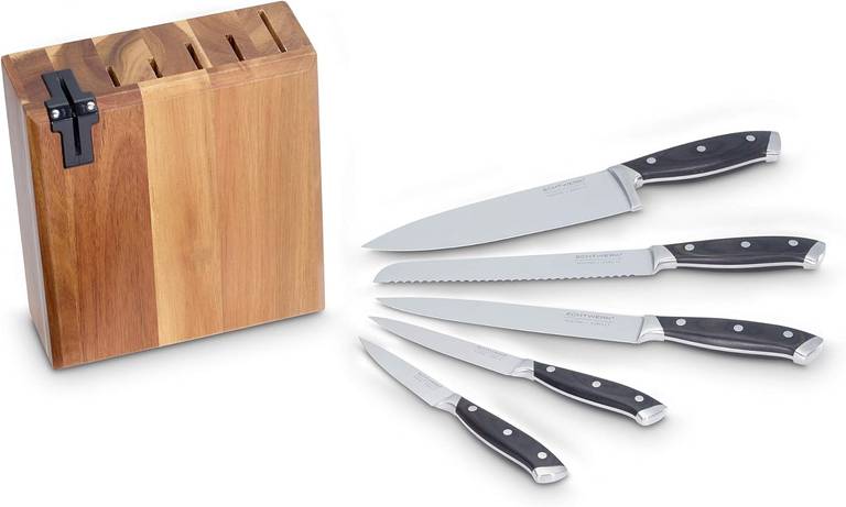 Echtwerk EW-MB-1370 juego de bloque 6 Piezas, cuchillos de madera de acacia con pies de goma antideslizantes, + afilador de cuchillos