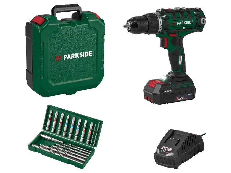 PARKSIDE Set de inicio de taladro atornillador recargable 20 V »PABS 20-Li I9«, con batería y cargador.