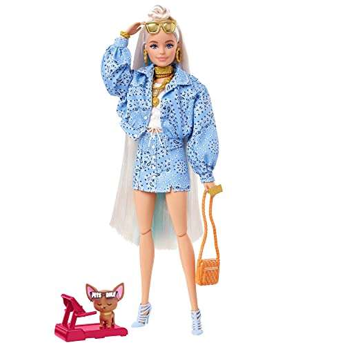 Barbie Extra Conjunto estampado bandana Muñeca rubia articulada con accesorios de moda y mascota