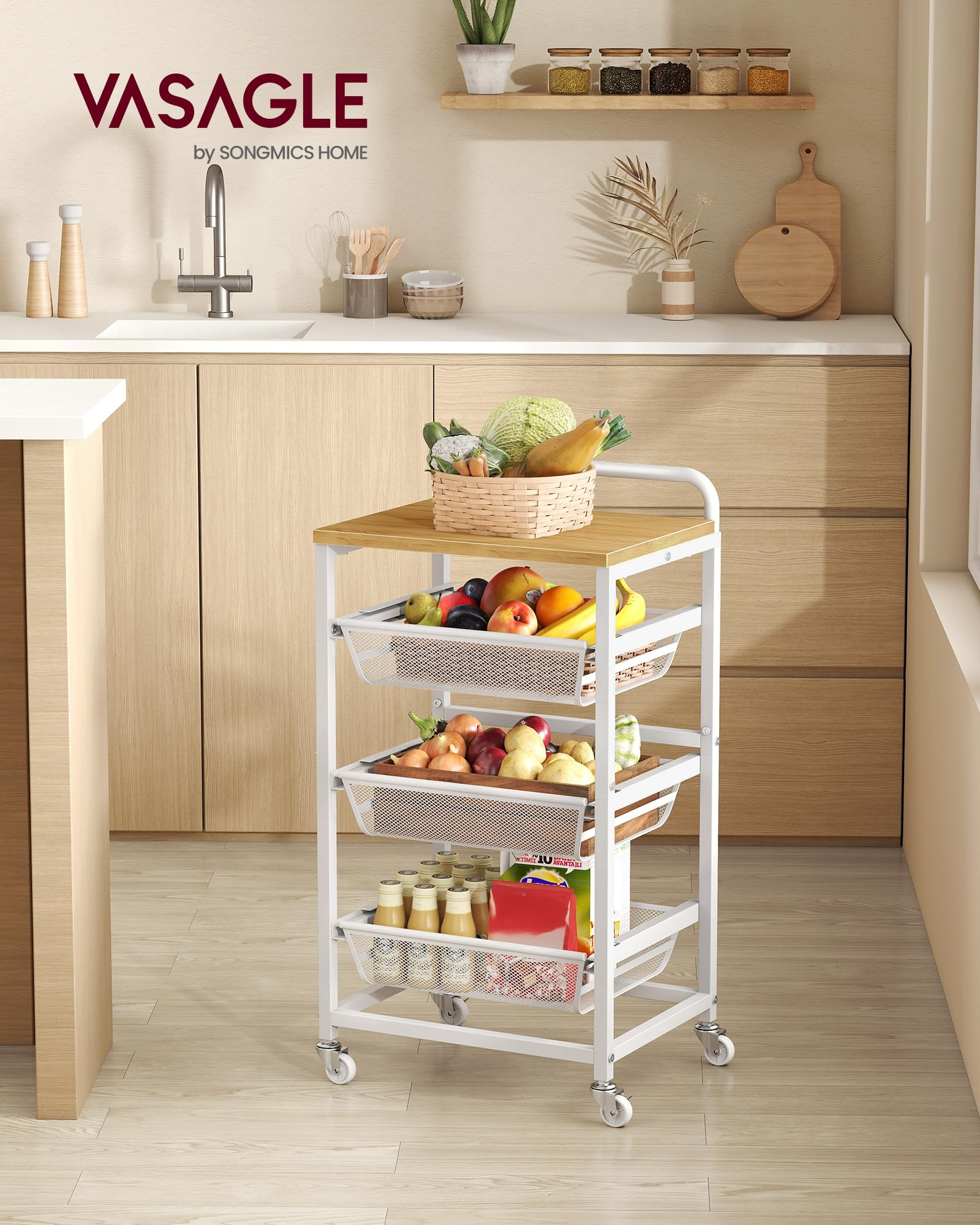 VASAGLE Carrito de Almacenaje de 4 Niveles, con Cestas Extraíbles, Estante de Cocina con Ruedas y Asa, 31,7 x 40 x 76 cm,Roble Dorado y Bco