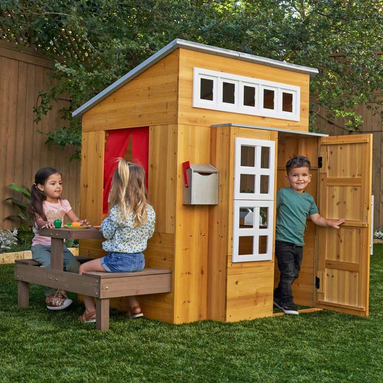 KidKraft- Casa de jardín moderna de madera para niños, incluye cocina de juego y accesorios, Color Natural