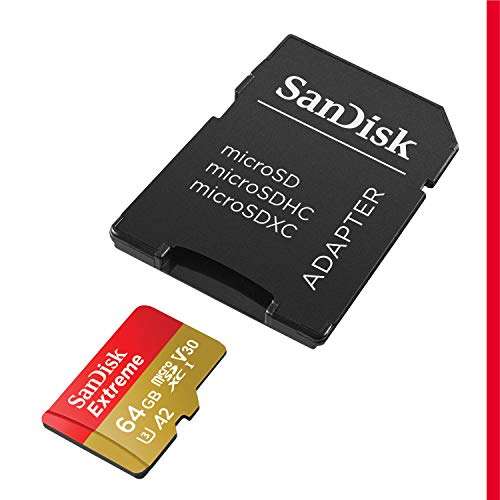 SanDisk Extreme - Tarjeta de memoria microSDXC de 64 GB con adaptador SD, A2, hasta 160 MB/s, Class 10, U3 y V30