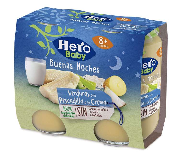Hero Baby Buenas Noches Tarritos de Verduritas con Pescadilla a la Crema - Para Bebés a Partir de los 8 Meses - 6 Packs de 2x190gr
