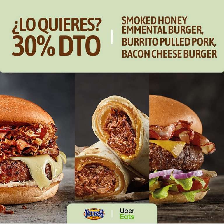 Smoked Honey Emmental Burger, Burrito Pulled Pork y Bacon Cheese Burger M de Ribs al 30% de descuento pidiendo en Uber Eats