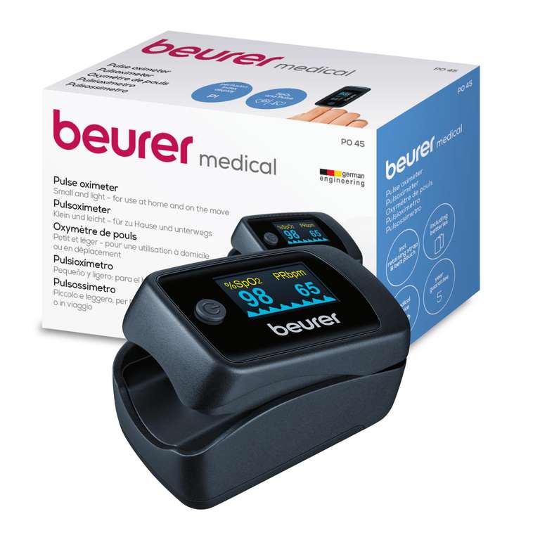 Beurer PO 45 Pulsioxímetro, medición de la saturación de oxígeno (SpO2), la frecuencia cardíaca (pulso) y el índice de perfusión (PI)