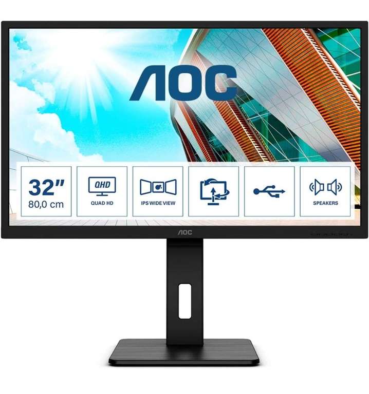 AOC Q32P2 - Monitor Home Office - QHD 2K 32", 2560 x 1440, IPS, 75 Hz, 250 CD, Regulable Altura