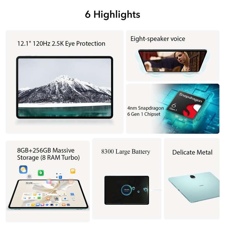 HONOR Pad 9 - 8/256GB , 12.1" 120Hz 2.5K Fullview Display, Snapdragon 6 Gen 1, 8 Altavoces, Cuerpo de Metal, Android 13 - TABLET