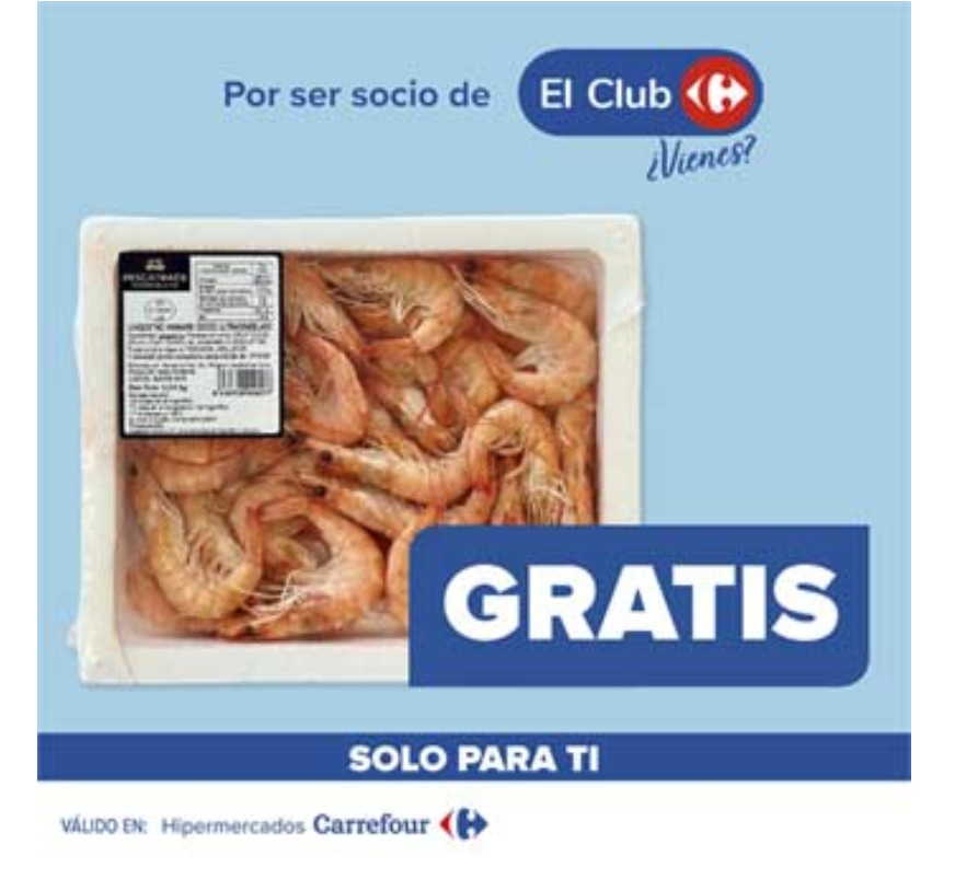 GRATIS BANDEJA DE LANGOSTINOS COCIDOS CONGELADOS 60/80 330G en hipermercados carrefour por compras superiores a 50 euros