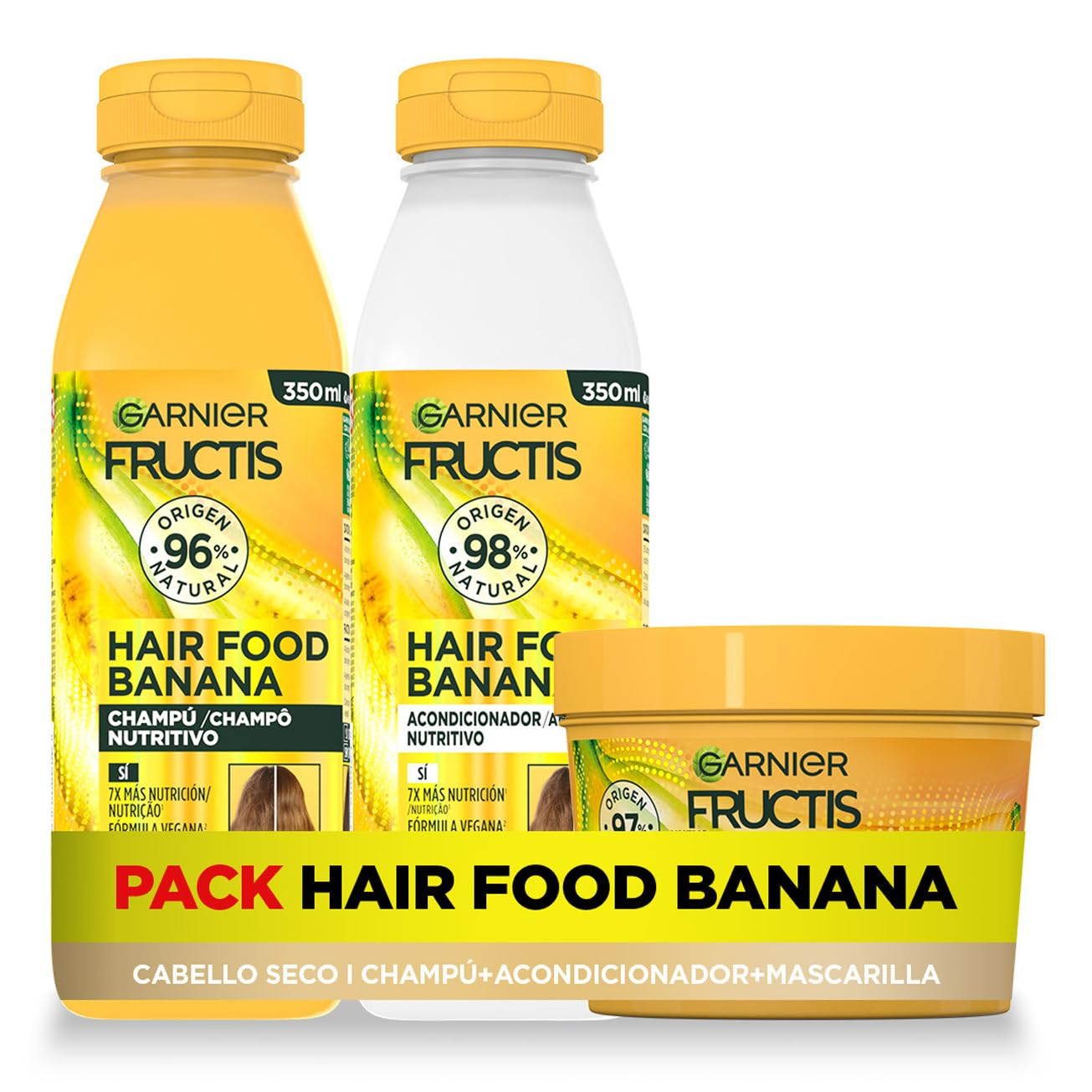 Garnier Fructis Hair Food Banana Champú, Acondicionador, Mascarilla,Pack3x.. Para Pelo Seco,Sin Siliconas. Otros Packs DESCRIPCIÓN