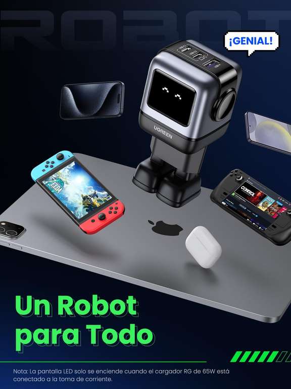 UGREEN Nexode Cargador Robot GAN de 3 Puertos Carga Rápida USB C 65W (Compatible con MacBook , iPhone, Galaxy S24/S23, Steam Deck, etc.)