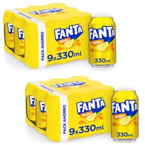 2 x Fanta Limón - Refresco con 6 % de zumo de limón, bajo en calorías - Pack de 9 latas, 330 ml [Total 18 latas. Unidad 0'48]