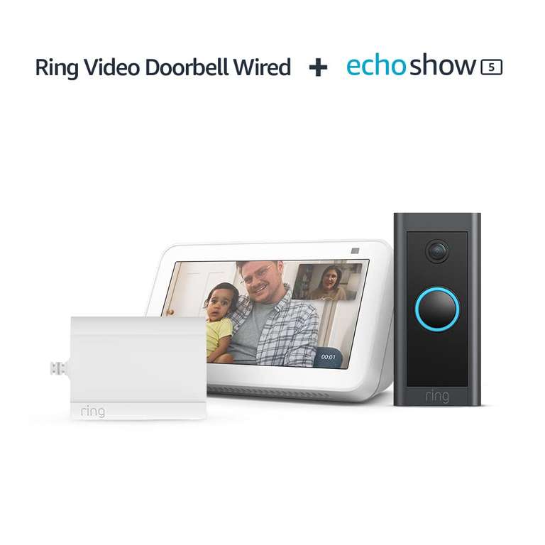 Ring Video Doorbell Wired + Adaptador de enchufe de Amazon + Echo Show 5 (2.ª generación, 2021)