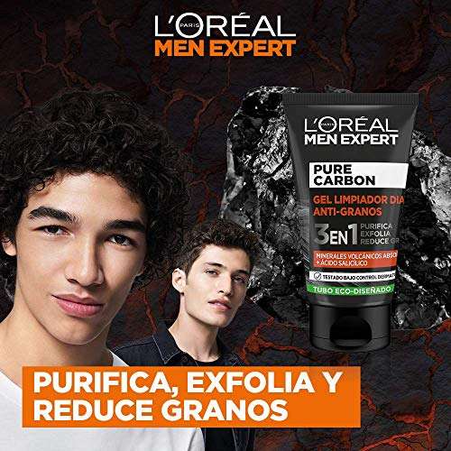 3 x L'Oréal Paris Men Expert Gel Antigranos 3 en 1 Pure Carbon, Purifica, Exfolia y Reduce Granos, 100ml [Unidad 2'38€]