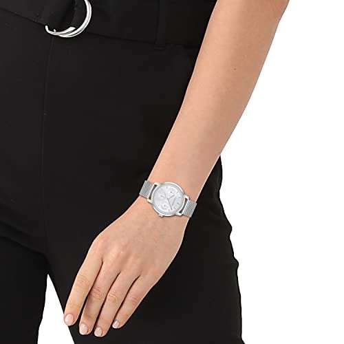 Calvin Klein Reloj Analógico de Cuarzo multifunción para mujer con correa de malla de acero inoxidable plateada.