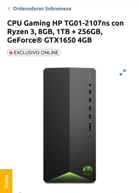 CPU Gaming HP TG01-2107ns con Ryzen 3, 8GB, 1TB + 256GB, GeForce GTX1650 4GB