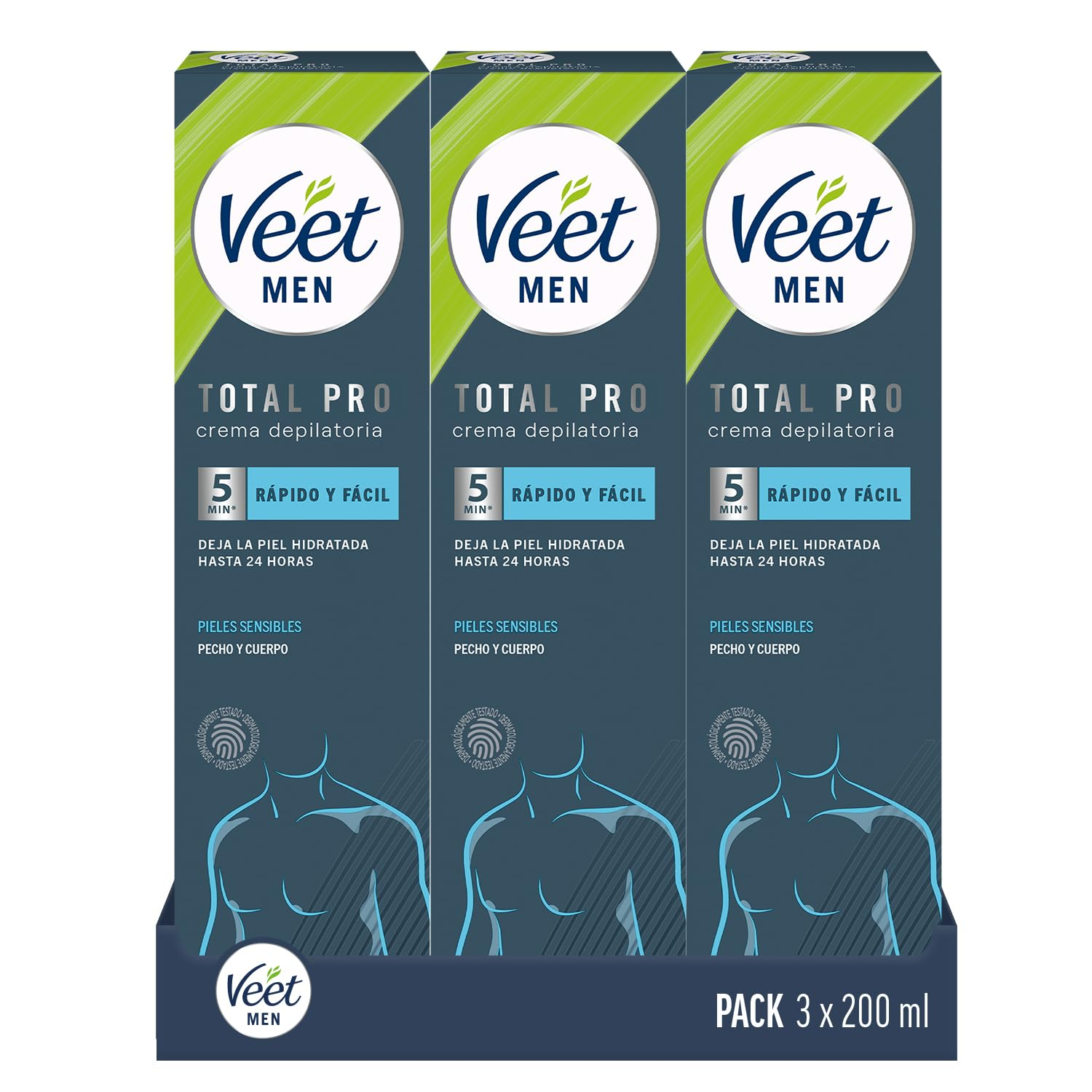 Veet Men Crema Depilatoria Masculina para Pecho Espalda Brazos y Piernas, Pieles Sensibles - 3 x 200ml