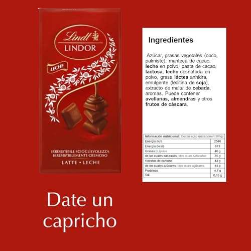 Lindt Chocolate LINDOR SINGLES tableta Chocolate cremoso y suave. Con leche, blanco o negro + REEMBOLSO de 1'30€ (Total 1'35€)